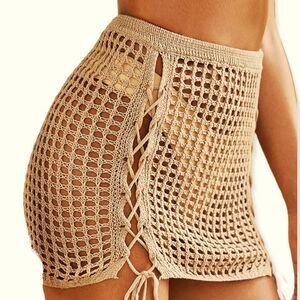 Tan Lace Up Sides Hollow Crochet Beach Boho  Mini Skirt NEW